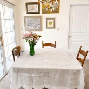 Vintage Handmade Linen Tablecloth 80x62 Floral Embroidered Drawnwork Shabby Chic